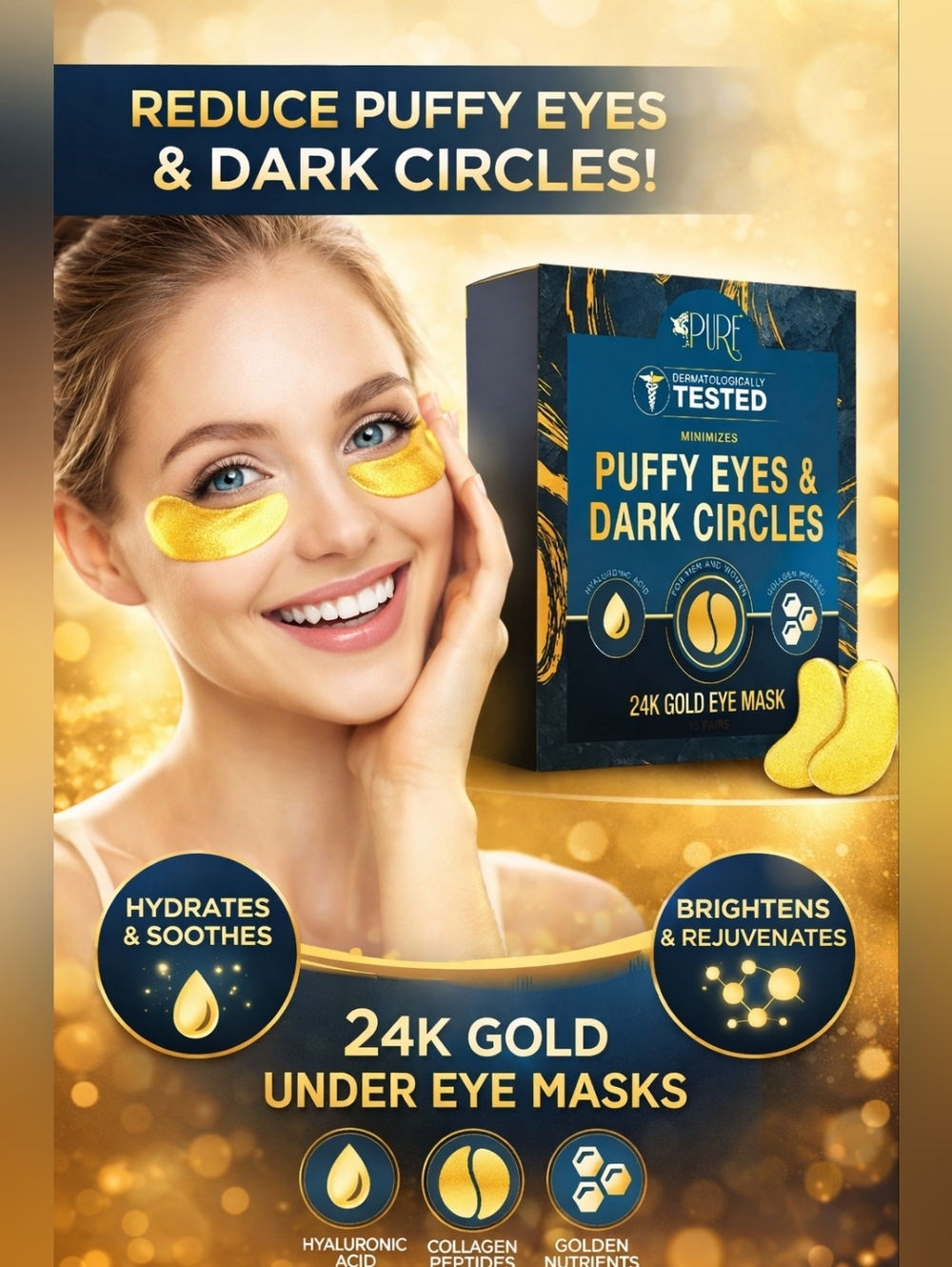 PURE 24k GOLD under Eye Patches Dark Circles Puffy Bags Wrinkle Treatment Mask